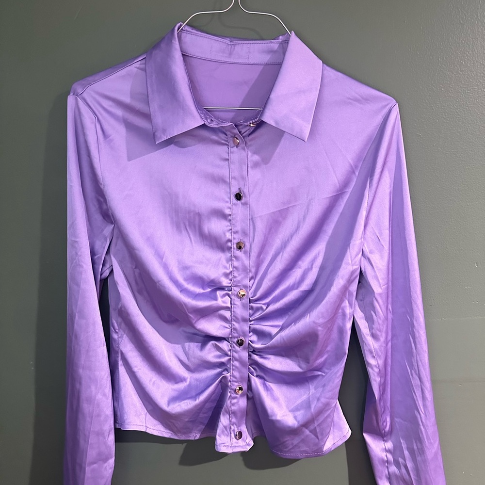 90s Iridescent Purple Ruched Blouse - Womens Medium